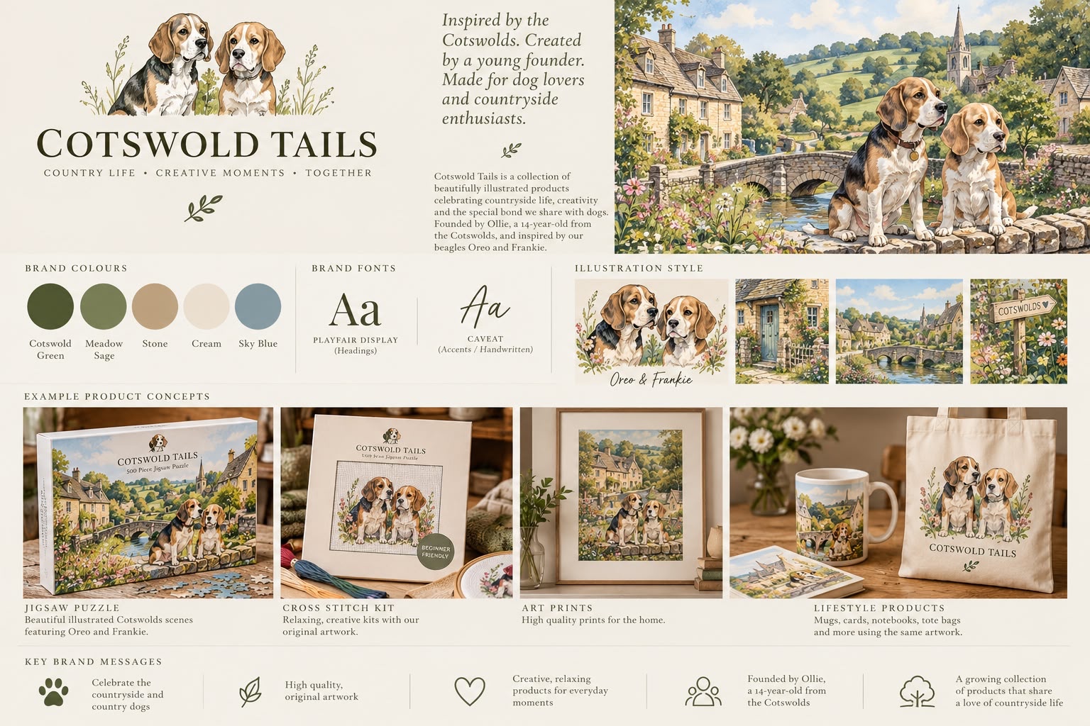 Illustrated concept of two beagles by a stone bridge in a Cotswold village.