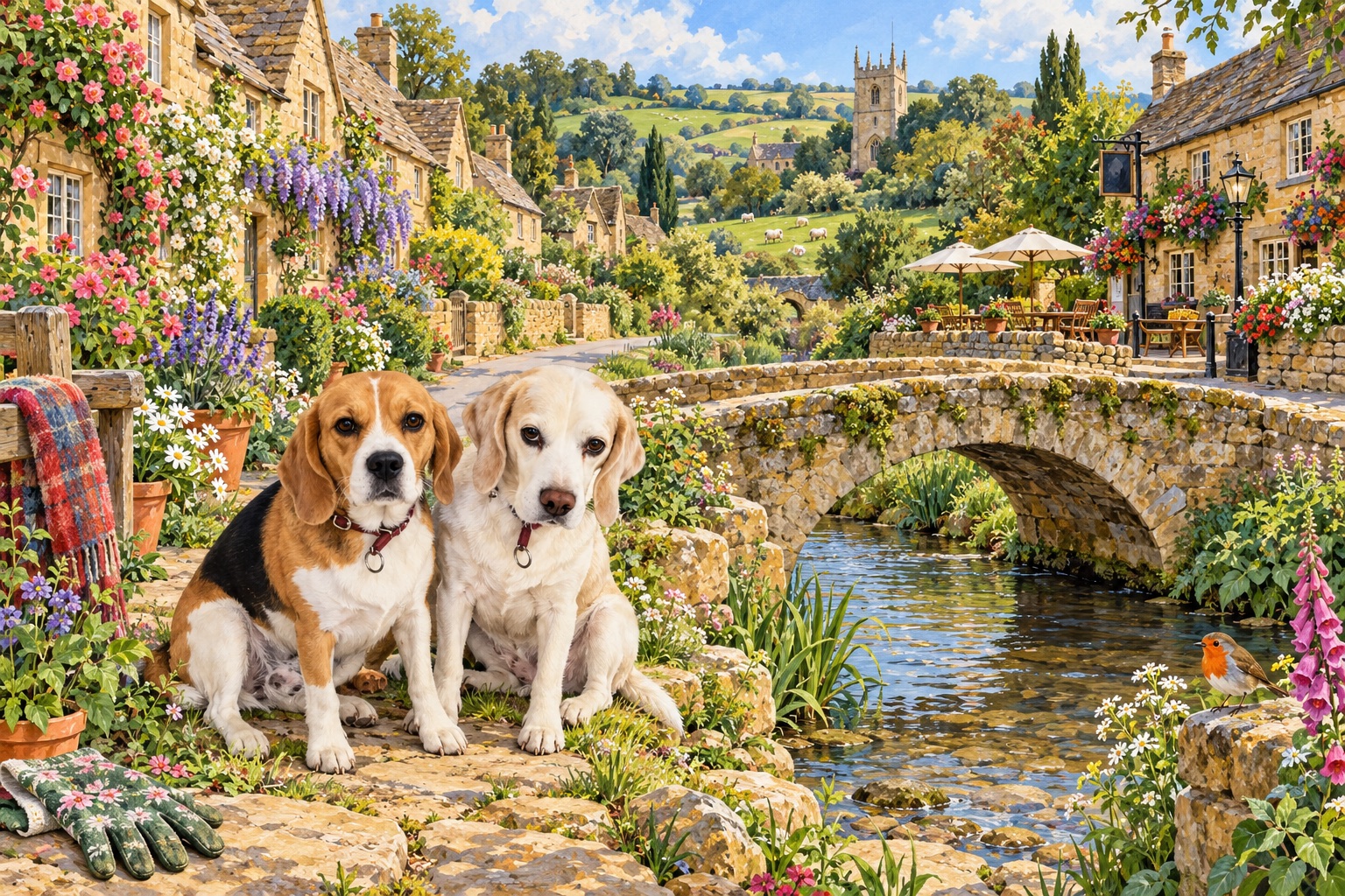 Oreo and Frankie in an illustrated Cotswold village beside a flower-lined stream and stone bridge.